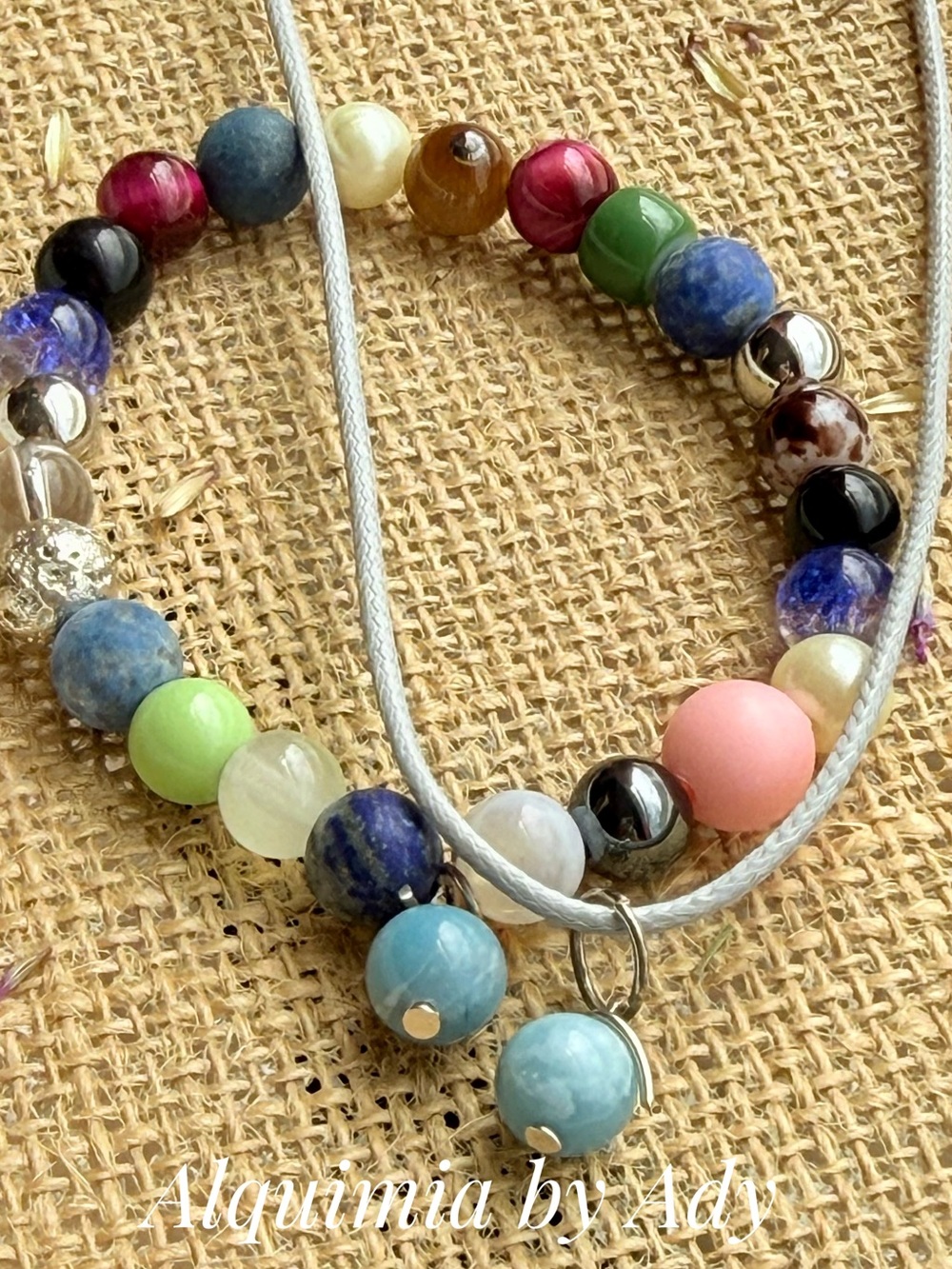 Multicolored Gemstone Bead Necklace with Blue larimar Drop Pendant set